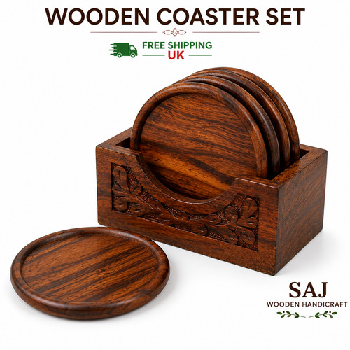 Wooden coaster set with holder - wooden,